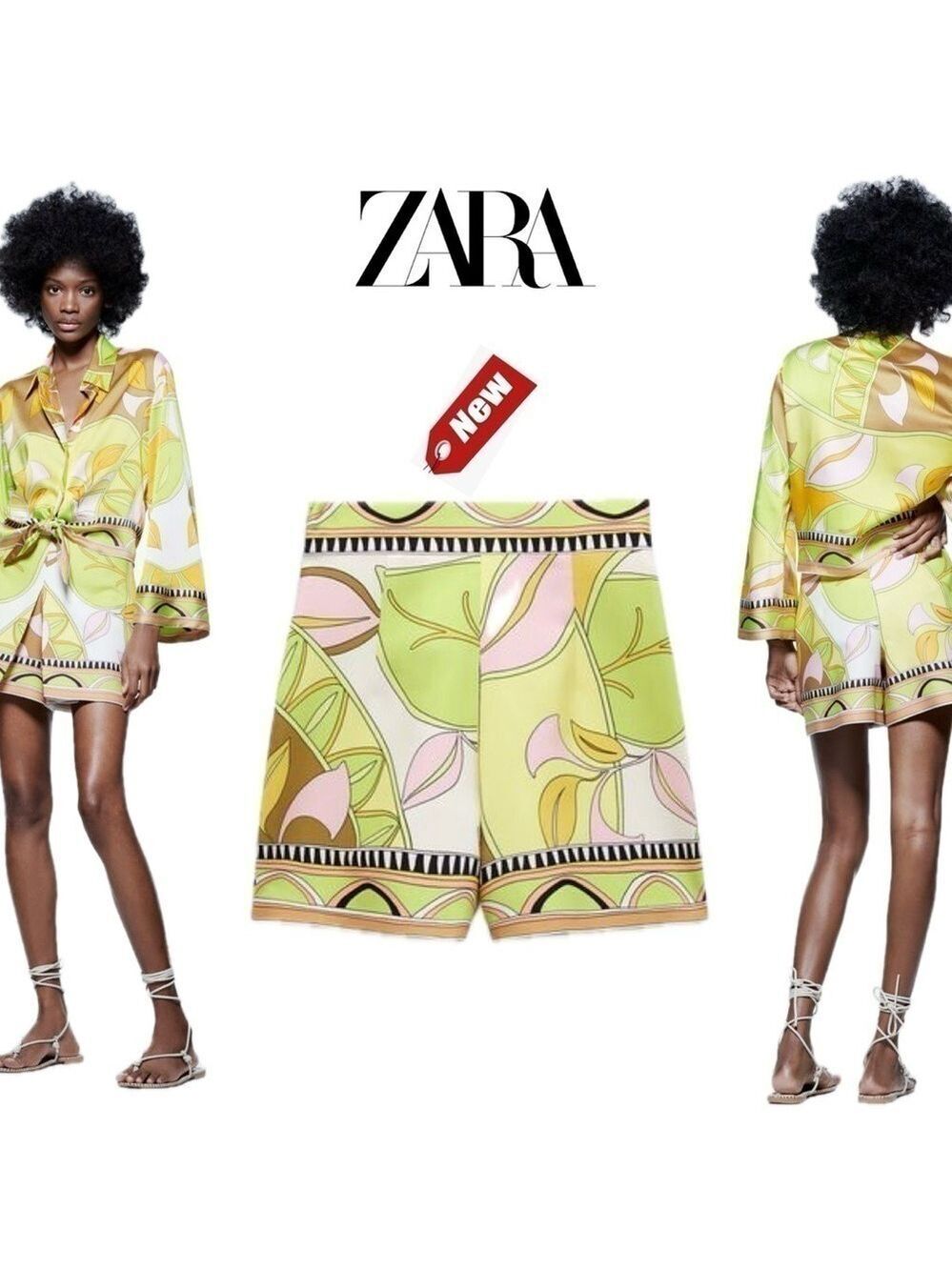 Zara lime green brown tropical print skort skirt Sz S NWT